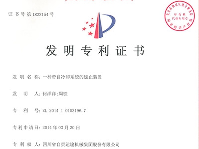 一种带自冷却系统的逆止装置发明专利证书